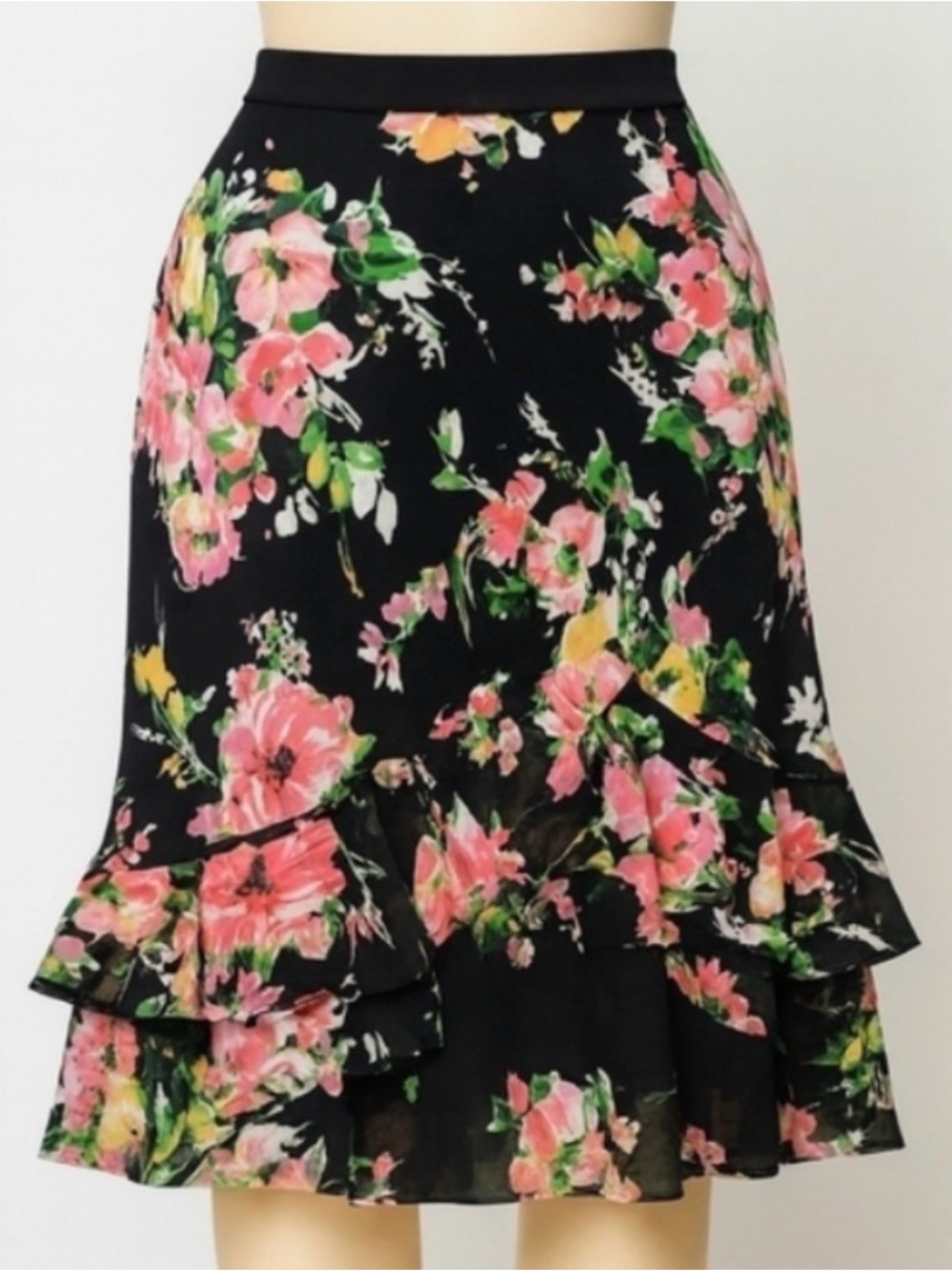 CHAPS Floral Ruffle Hem Skirt - Black with Pink & Green Floral XL